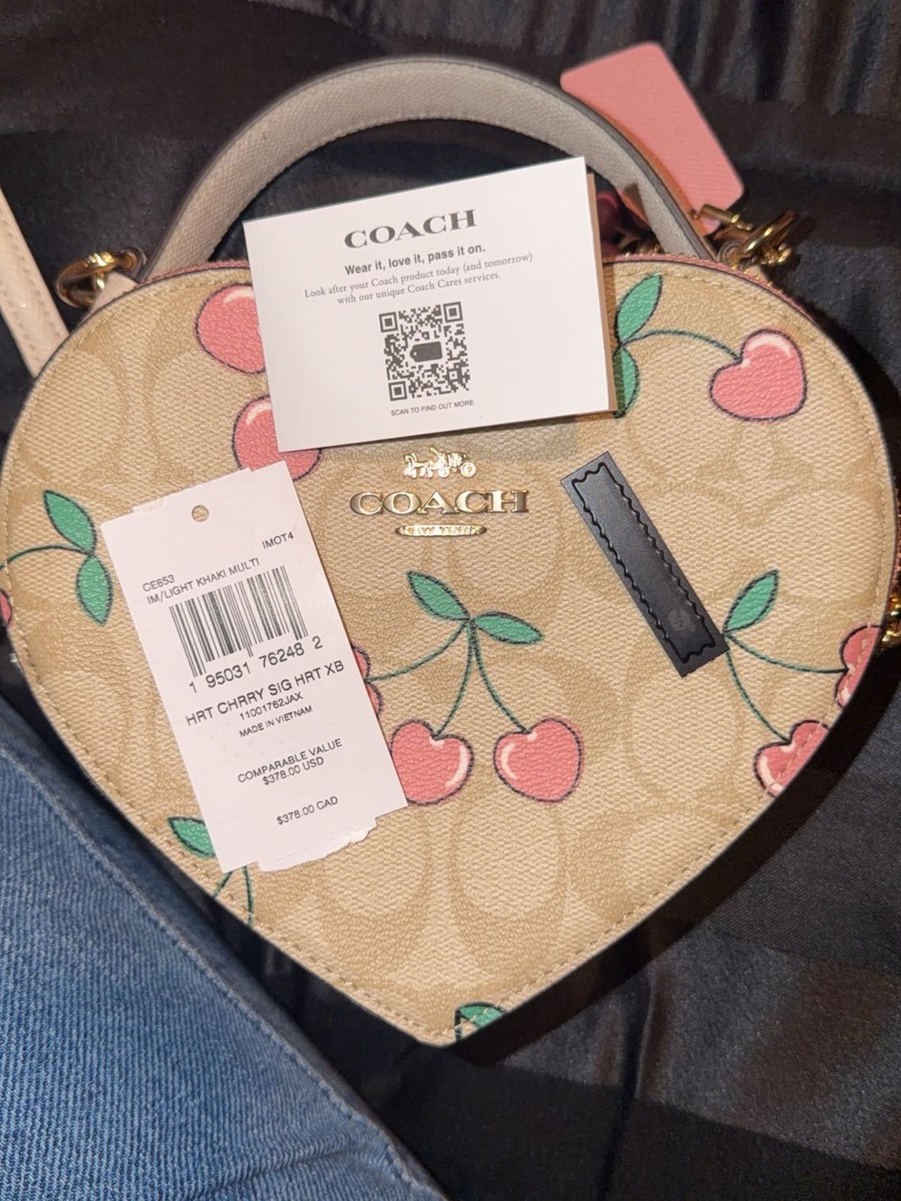 Coach Beige Signature Heart Crossbody with Pink Cherry Print - Picture 8 of 10